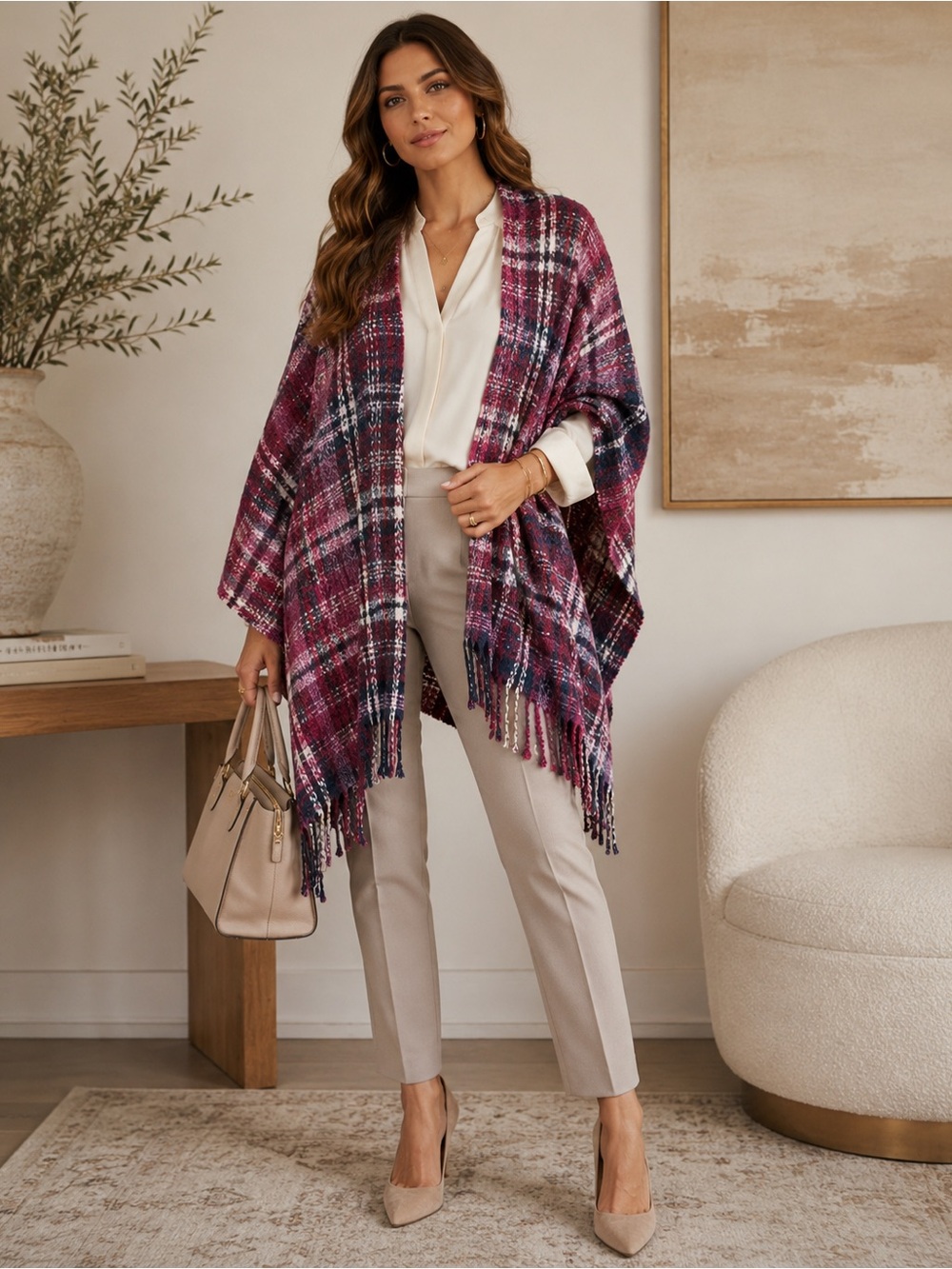 Woolrich Plaid Fringe Wrap Poncho Cape Purple Navy Magenta Pashmina One Size